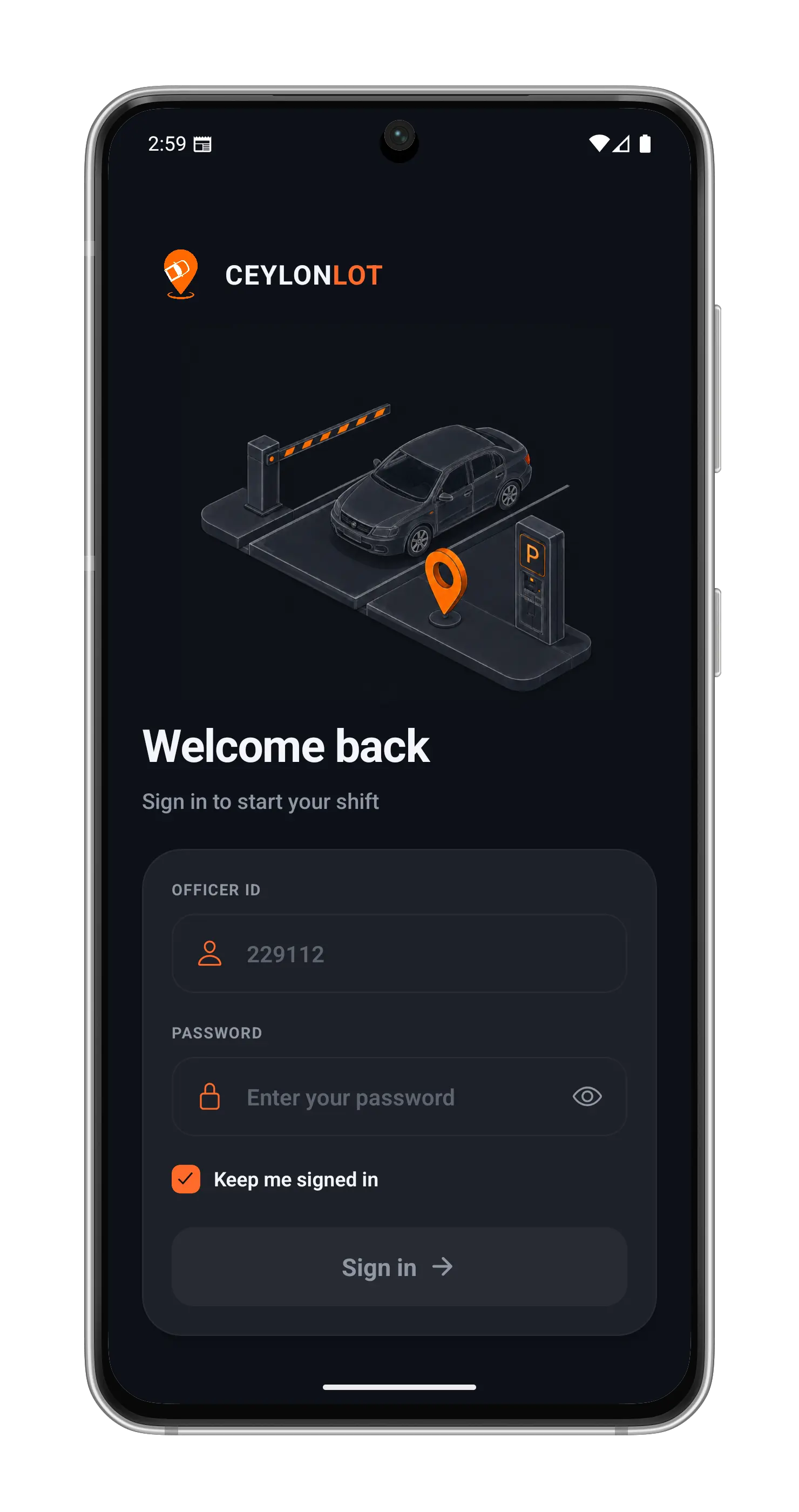 The CeylonLot officer app - the sign-in screen, ready to start a shift.