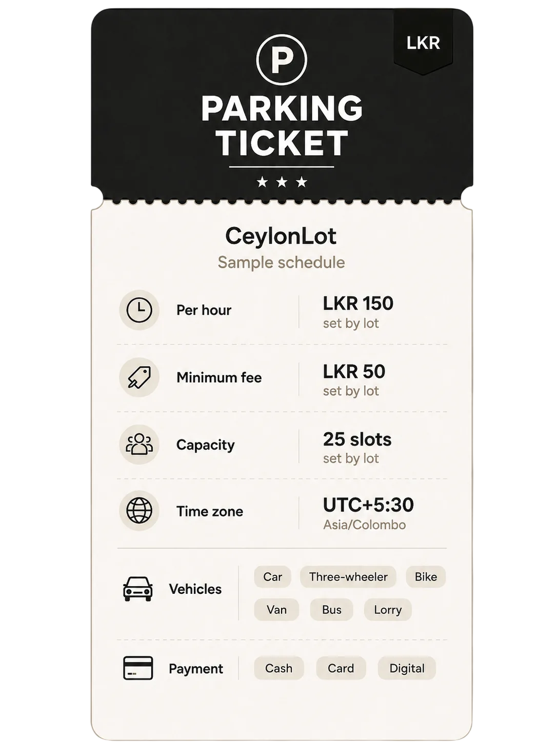 CeylonLot sample schedule - per hour LKR 150, minimum LKR 50, 25 slots, UTC+5:30 Asia/Colombo, vehicles and payment options